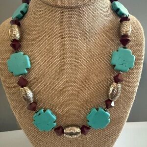 Vintage Turquoise Howlite Silver Cross Necklace Garnet Colored Accents